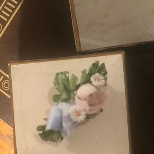 Floral Porcelain Brooch with Pink and Green Accents Handmade Italian